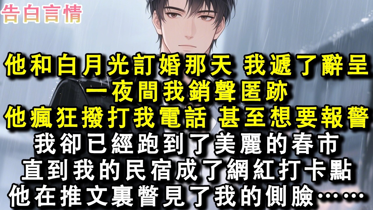 他和白月光訂婚那天，我遞了辭呈。一夜間我銷聲匿跡。他瘋狂撥打我電話，甚至想要報警，我卻已經跑到了美麗的春市。直到我的民宿成了網紅打卡點，他在推文裏瞥見了我的側臉……#小說 #情感 #故事
