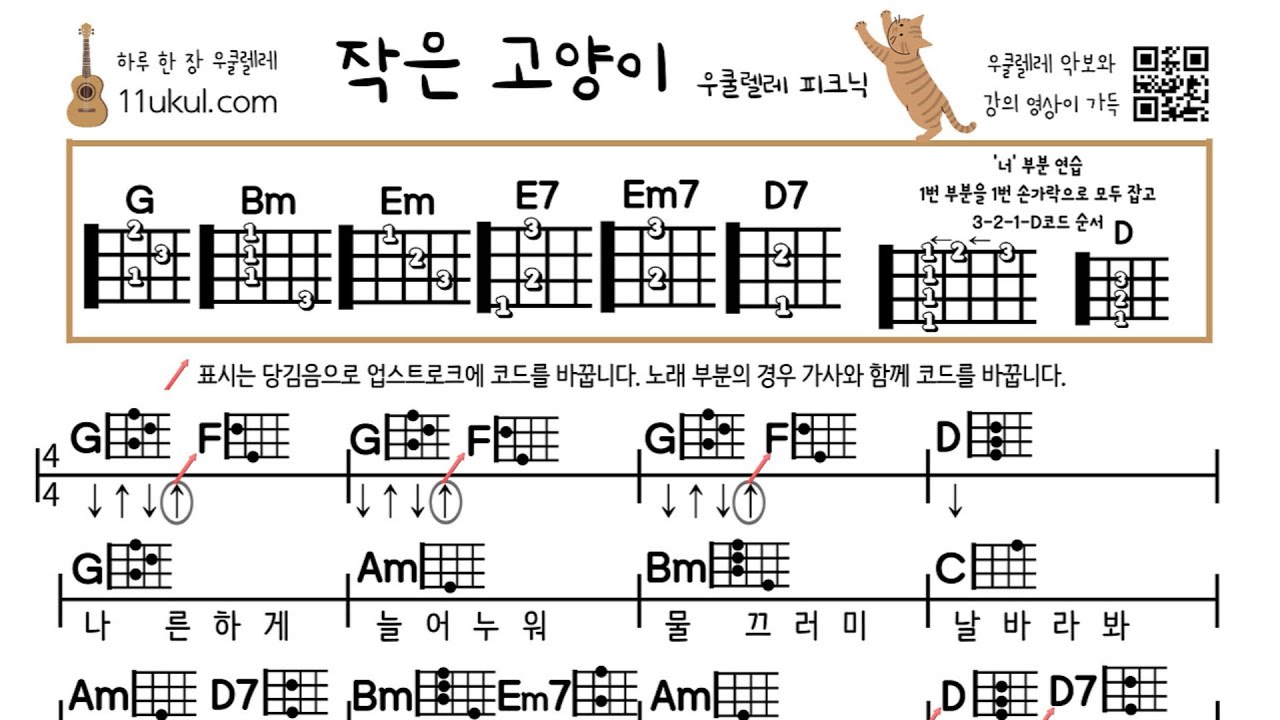 작은 고양이(우쿨렐레피크닉) 우쿨렐레 쉬운곡 코드 악보 연주 노래 작은 고양이(우쿨렐레피크닉) 우쿨렐레 쉬운곡 코드 악보 연주 노래