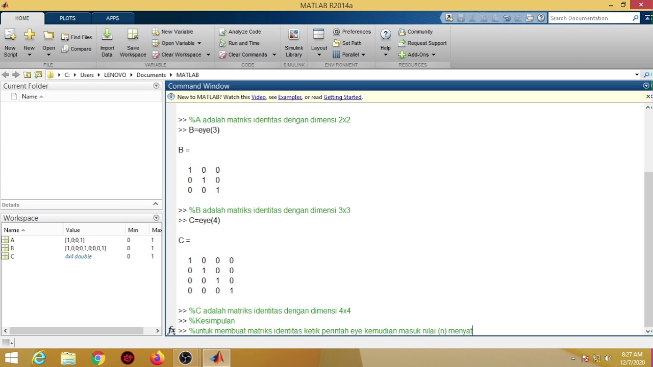 Tutorial Membuat Matriks Identitas di Command Window Matlab - YouTube