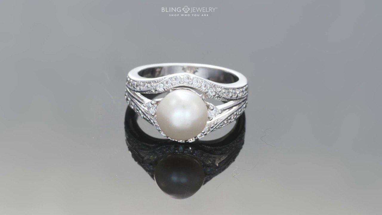 Freshwater White Cultured Pearl Engagement Ring 925 Sterling Silver