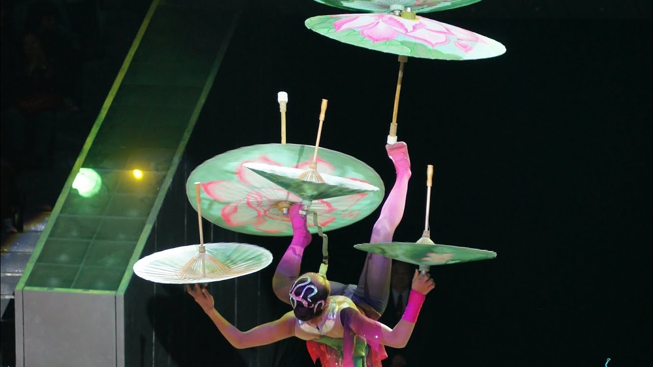 Umbrella Balancing Act on Feet by Chinese Acrobats