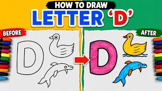 How to draw D for Dolphin 🐬 easy step by step || drawing and colouring for kids and toddlers