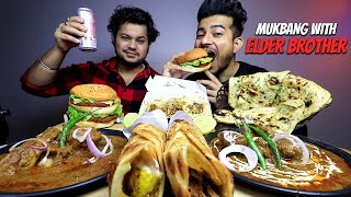 MUKBANG WITH BHAI | SPICY MUTTON BIRYANI, CHICKEN MASALA, LAVA BURGER CHICKEN TIKKA ROLL PANEER ROLL