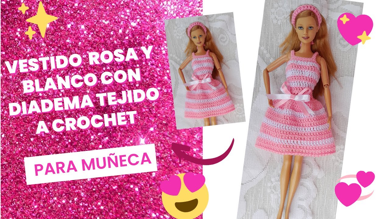 Vestido Rosa y Blanco Tejido a Crochet para Muñeca