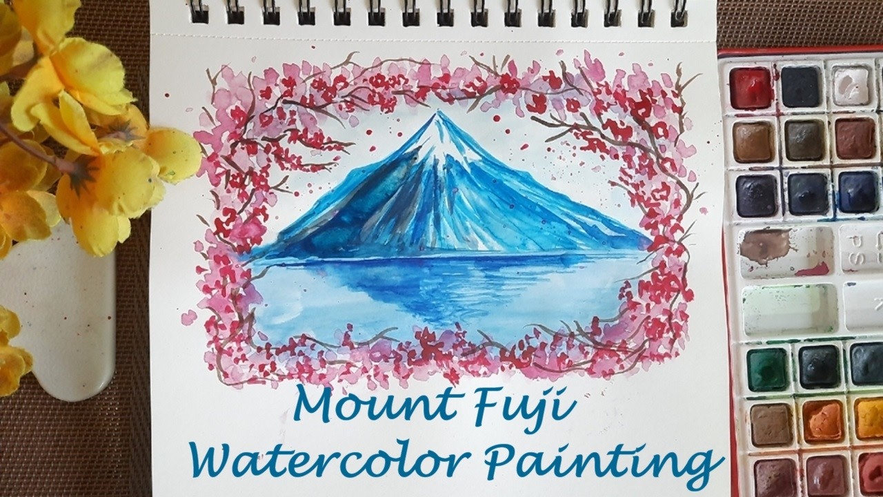 Mount Fuji Cherry Blossom Watercolor Painting For Beginners | Aesthetic Art Ideas