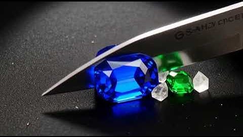 Razor-sharp knife slicing through sapphire, emerald, and quartz—each fracture ultra-real in slow mot