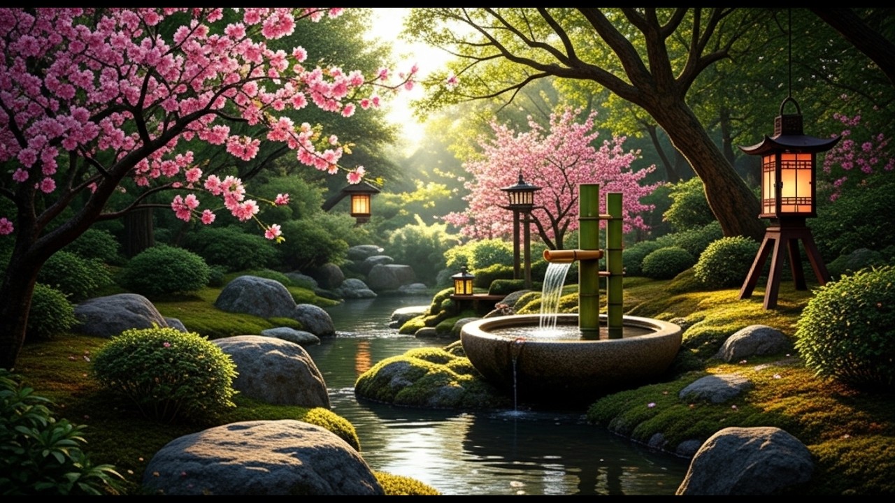 Serene Japanese Garden with Cherry Blossoms | Peaceful Zen Ambience & Relaxing Nature Sounds 🌿