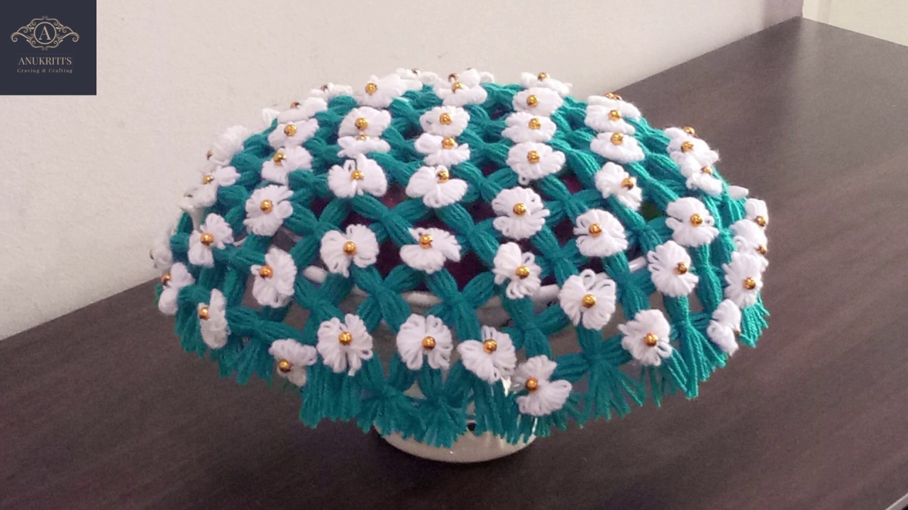 बिना सिलाई बिना क्रोसिया से बनाये woolen flower thaal posh / table mat / table top /recycle wool
