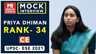 UPSC | ESE-2021 | Mock Interview | Priya Dhiman | AIR - 34 | Civil Engineering |By MADE EASY Experts