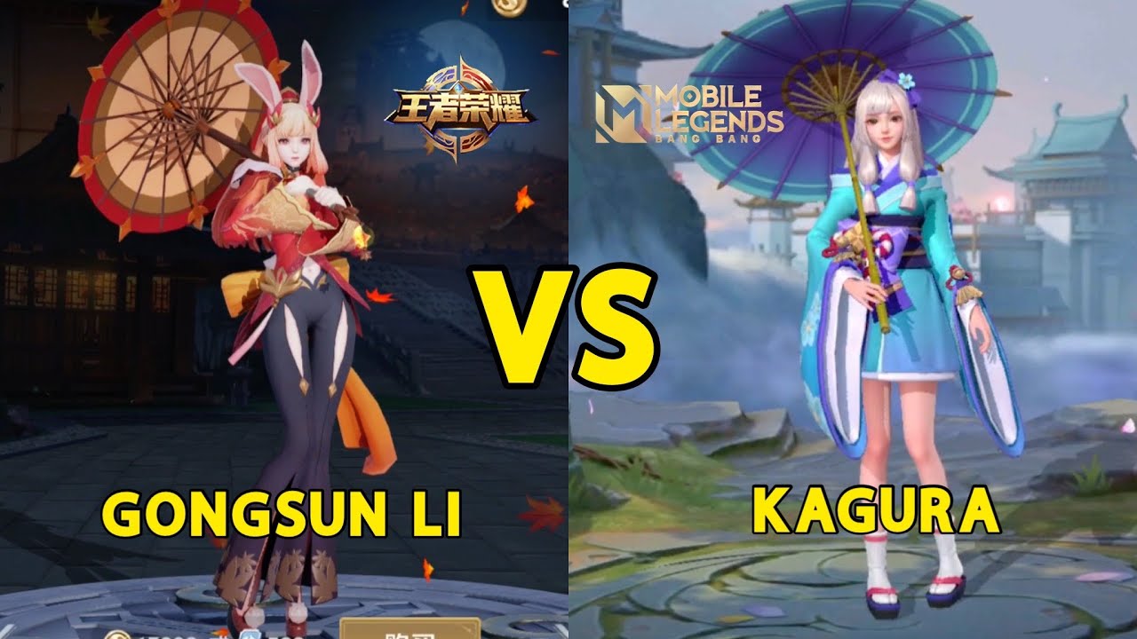 KAGURA MLBB VS GONGSUN LI KING OF GLORY HERO SKILL EFFECT COMPARE BATTLE UMBRELLA HERO MOBA