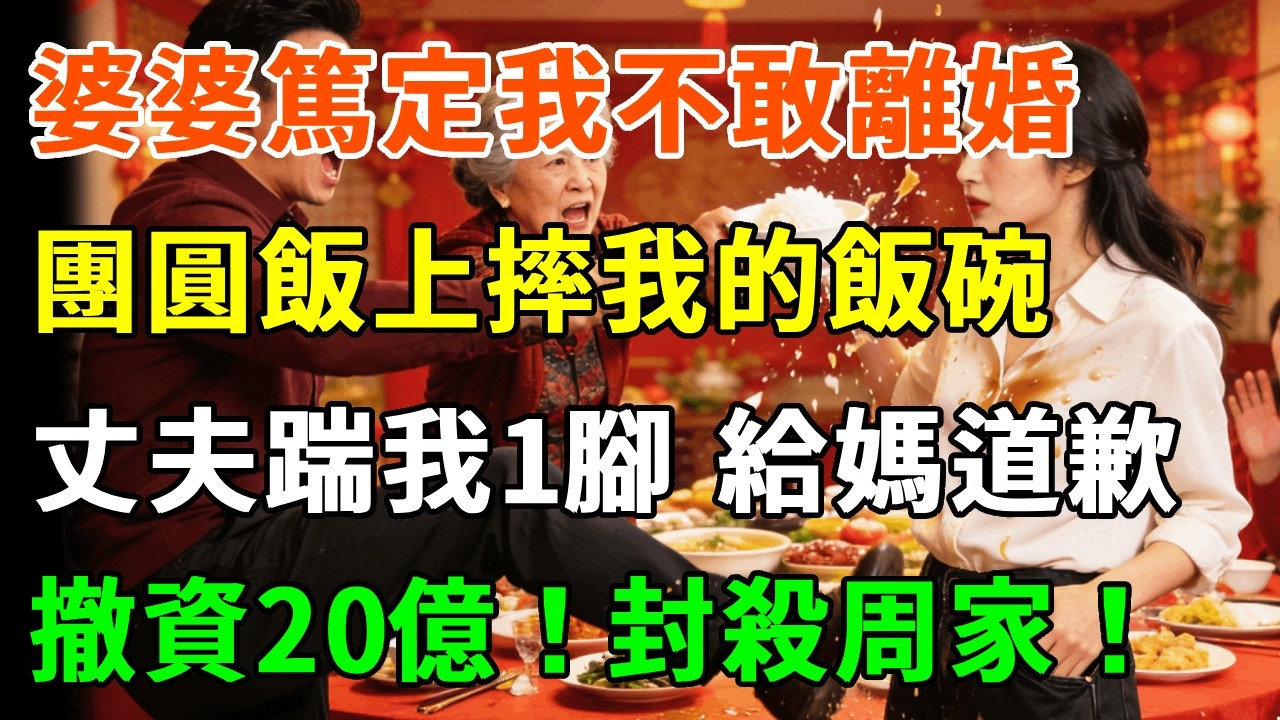 婆婆篤定我不敢離婚，團圓飯上摔我的飯碗：賠錢貨不配吃飯！丈夫踹我1腳：給我媽道歉！我沒鬧 撥通首富電話：媽 撤資20億！封殺周家！雪夜睡大街的婆家傻眼了！#詩涵講故事#為人處世#生活經驗#情感故事