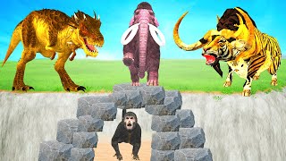Funny Monkey  Hide and Seek Game with Bull Dinosaur Woolly Mammoth - Monkey Escape from Wild Animals