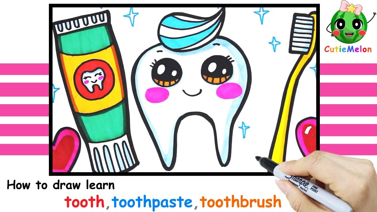 學畫可愛的小牙齒邊畫畫邊學英語drawing Tooth Toothpaste Toothbrush Learn English 西瓜寶寶學畫畫學英語 兒童繪畫簡筆劃教程 Youtube