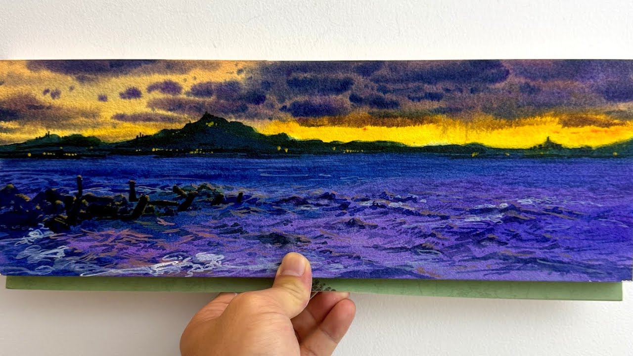 How to Paint a Sunset Seascape如何画落日的海景|watercolor水彩画