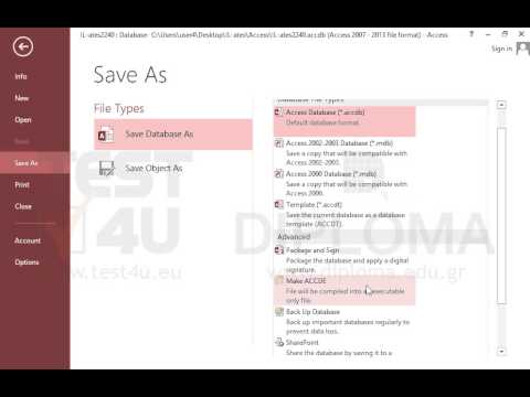 Save the database as executable file, in folder IL-ates of the desktop, using the name TEST4U.