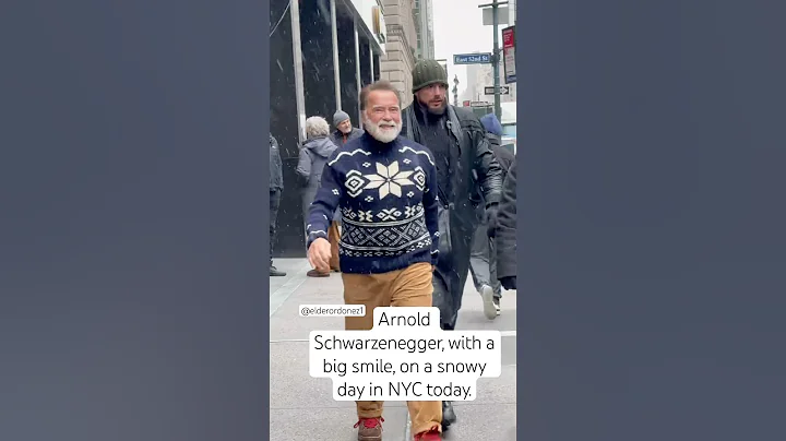 Arnold Schwarzenegger, with a big smile, on a snowy day in New York today. #newyork #nyc
