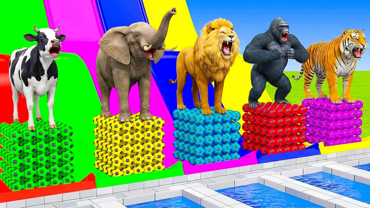 Long Slide Game With Elephant Gorilla Buffalo Hippopotamus Tiger - 3d Animal Game - Funny 3d Animals