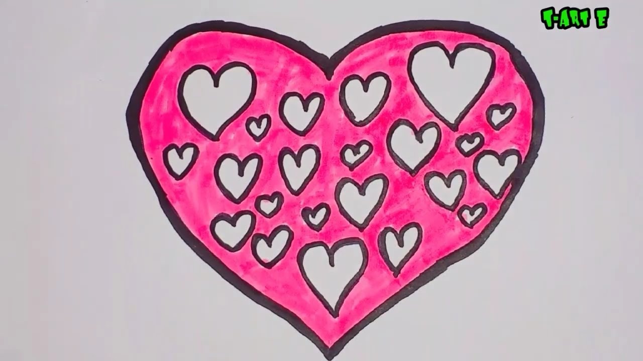 Drawing and coloring a group of hearts inside the heart and also other ...