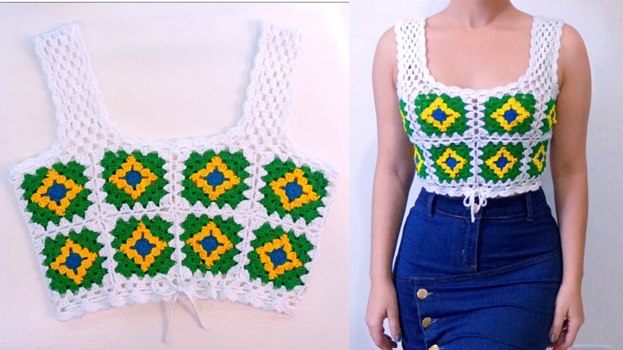 Cropped de croche square Brasil passo a passo facil PP,P,M,G e GG
