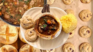 Pumpkin Sourdough Beef Stew Bread Bowls and Pumpkin Chocolate Chip Cookies
