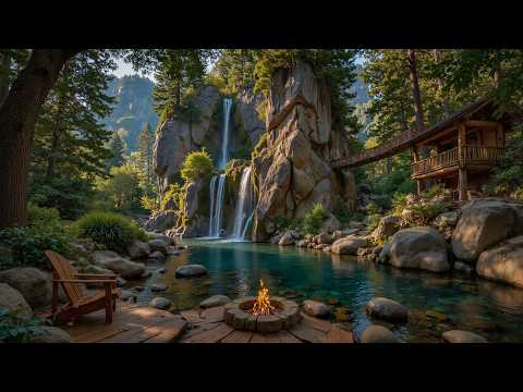 Soothing Summer Piano Music Riverside Cabin 🌿🔥 Campfire, Bird & Nature Sounds Ambience for Relax