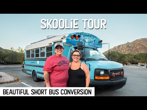 SKOOLIE TOUR | Beautiful Short Bus Conversion with Hidden Bath Tub & Pop Up Shower