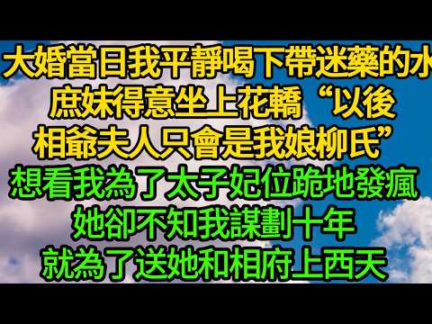 大婚當日我平靜喝下帶著迷藥的水，庶妹得意坐上花轎“以後相爺夫人只會是我娘柳氏”想看我為了太子妃位跪地發瘋，她卻不知我謀劃十年，就為了送她和相府上西天
