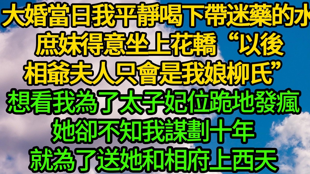 大婚當日我平靜喝下帶著迷藥的水，庶妹得意坐上花轎“以後相爺夫人只會是我娘柳氏”想看我為了太子妃位跪地發瘋，她卻不知我謀劃十年，就為了送她和相府上西天