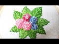 Hand embroidery of hydrangea flowers and leaves