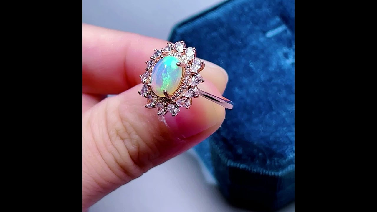 Tree182--Natural White Fire Opal Ring, Rainbow Opal Ring, October Birthstone Solitaire Ring