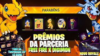 RECOMPENSAS DA PARCERIA FREE FIRE X DIGIMON! TUDO DA TEMPORADA 34° CS RANK, NOVOS EVENTOS E MAIS!!