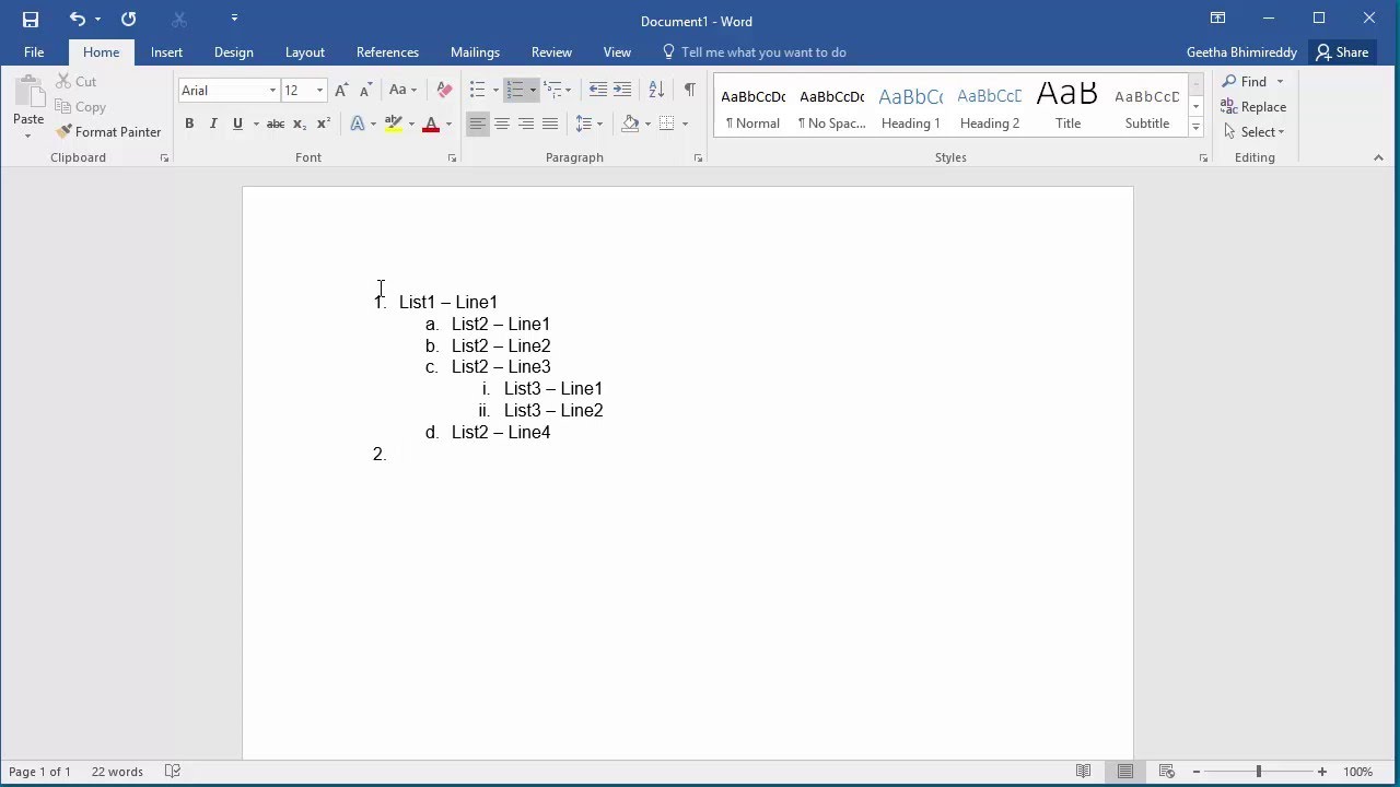 How To Create Sub Lists In A Document In Word 2016