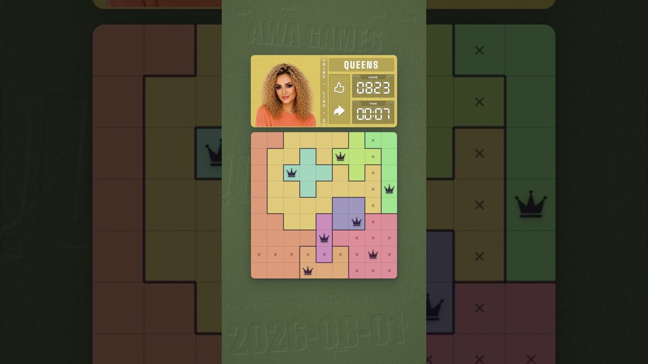 LinkedIn Queens #823 solved board for August 1, 2026, 9x9 grid