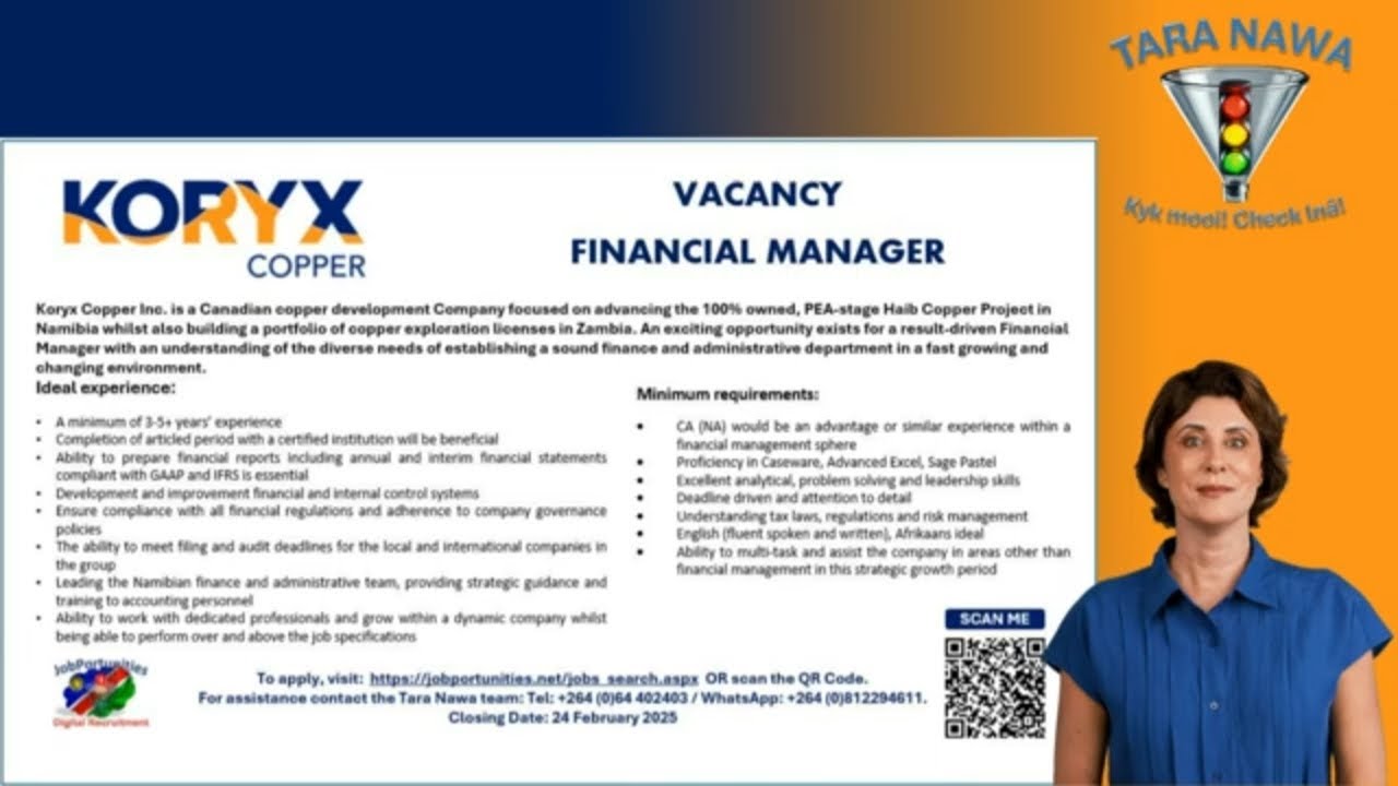 👨‍💻💸Vacancy:  Koryx Copper, Financial Manager, Closing Date: 24 Feb 2025.