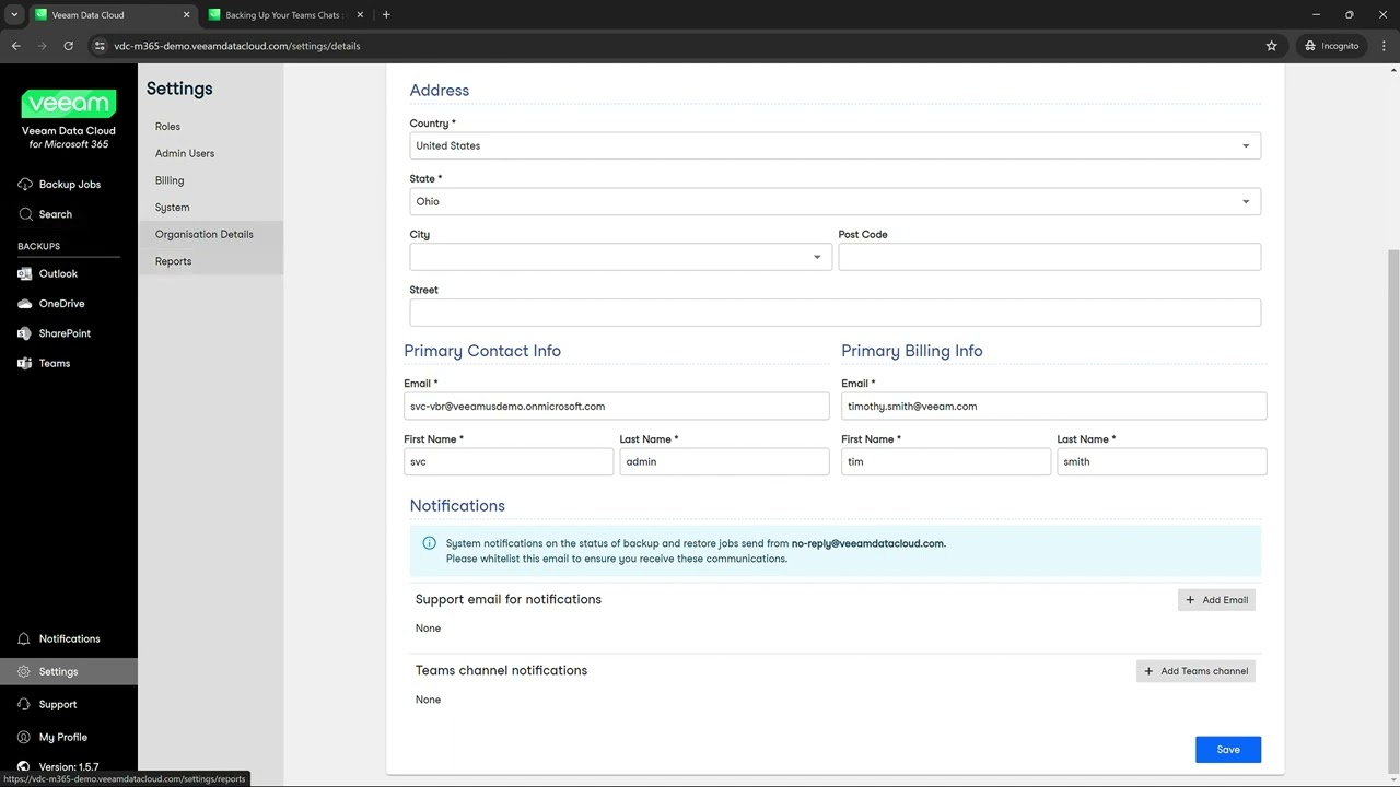 VDC M365 Settings Tab- Organization Details