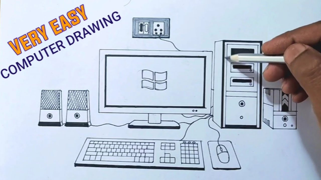 How To Draw Computer Easy Way Desktop Computer Drawing 