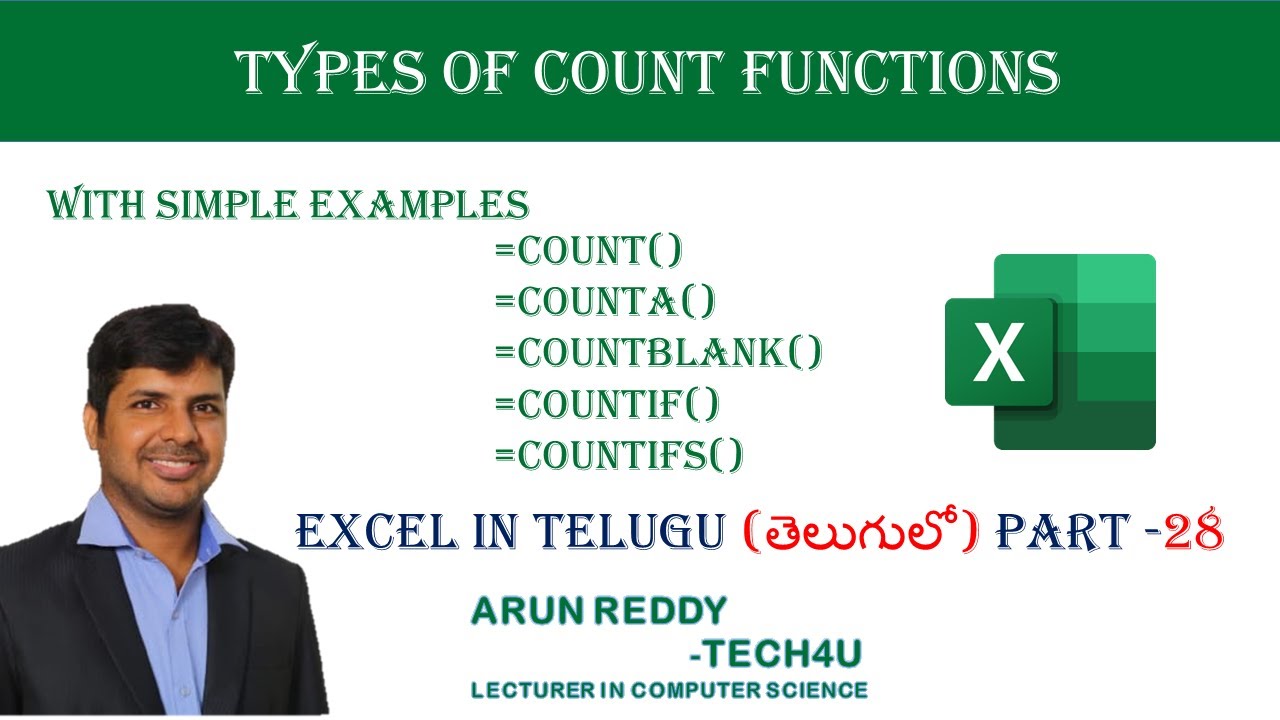 EXCEL IN TELUGU PART 28 - TYPES OF COUNT FUNCTION - YouTube