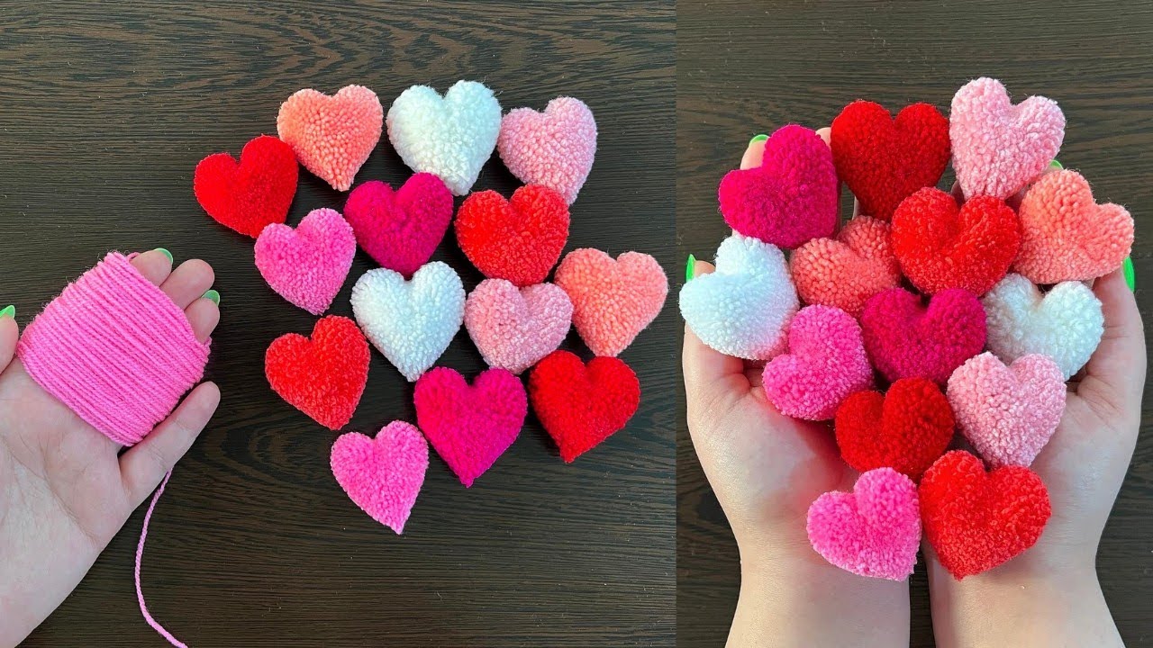 Easy Pom Pom Heart Making Idea with Fingers/Easy Valentine's Day Craft/How to Make Yarn Heart 💕