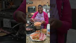 Let make Salmon cake grits eggs bacon pancakes for breakfast #breakfastime