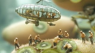 Scene of tiny workers harvesting giant fruits and vegetables