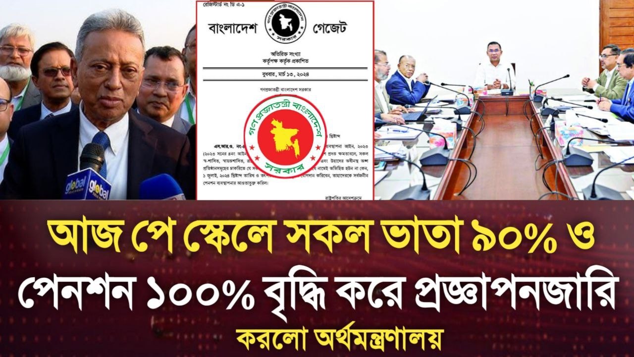 আজ পে স্কেলে সকল ভাতা ৯০% ও পেনশন ১০০% বৃদ্ধি করে প্রজ্ঞাপনজারি করলো অর্থমন্ত্রণালয়। pay scale today