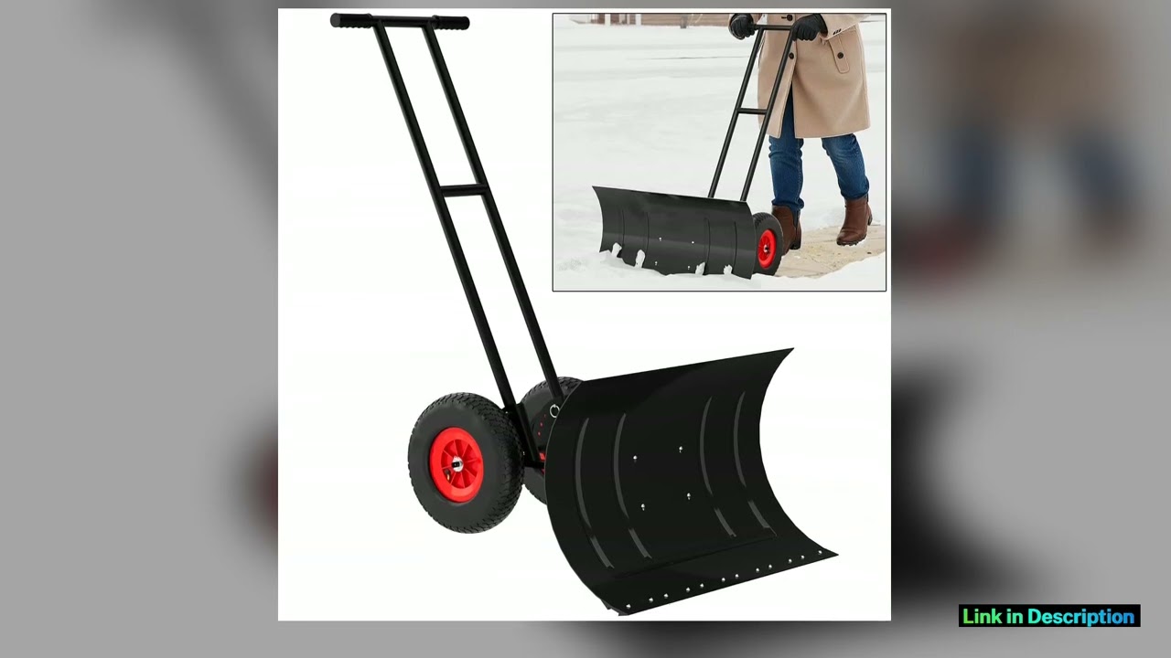 Heavy Duty Snow Shovel with Wheels Carbon Steel Blade w Adjustable Ergonomic Handle for Driveway