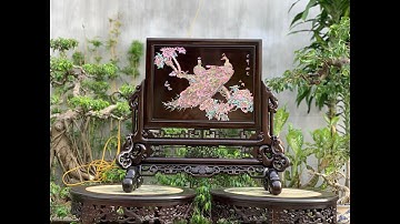 Tuyệt Phẩm Tranh Bình Phong Gỗ Trắc Khảm Chim Công Ốc Đỏ Singapore Có 102