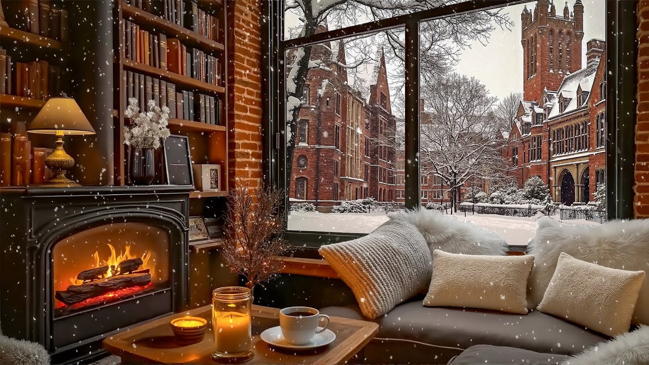 Deep in Work at Winter Jazz Café | Coffee Shop Ambience, Snow Covered Silence & Fireplace Crackling