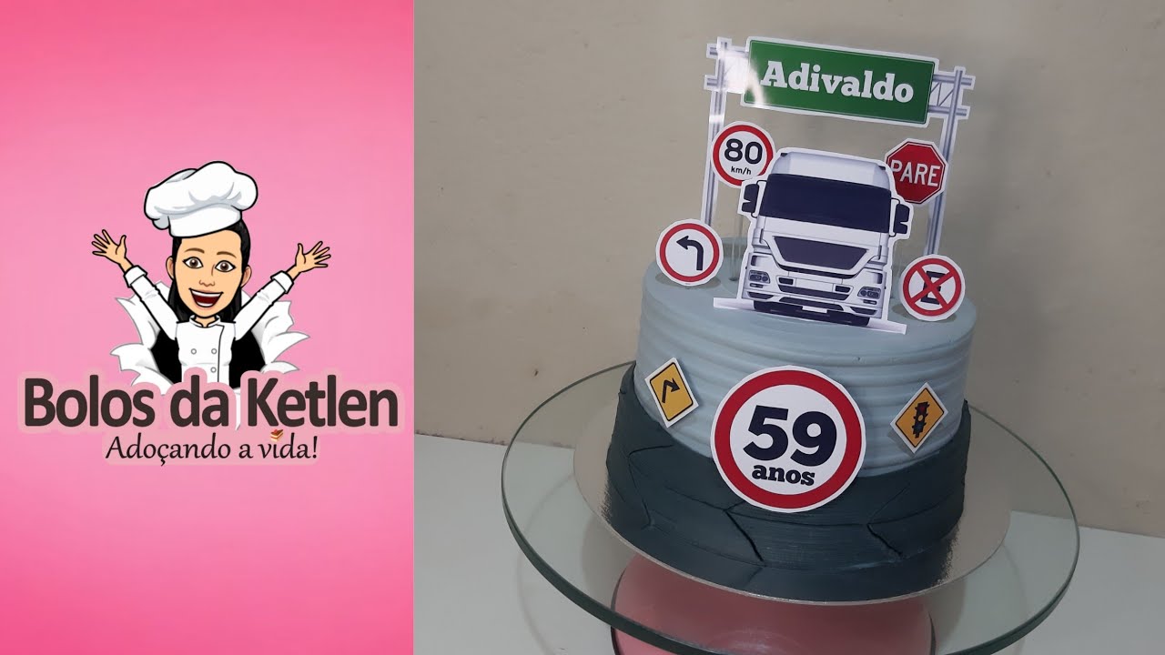 Bolo caminhoneiro | 59 anos | Redondo | 1 kg | 15x10 | 10 fatias | leite ninho | Chantilly cinza.