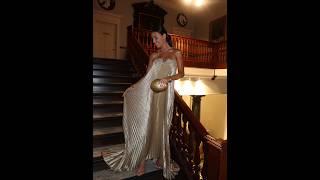 Champagne Gold Metallic Pleated Strapless Sweetheart Asymmetric Hem Maxi Dress