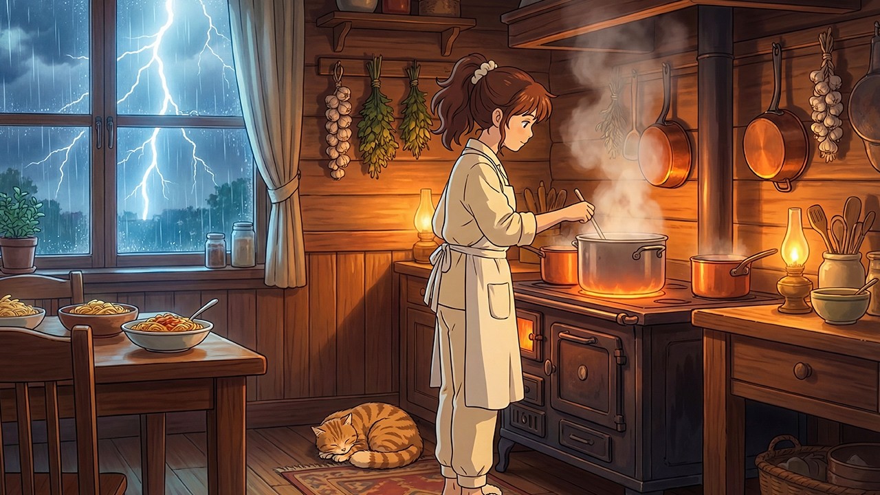 Heavy Thunderstorm Outside: Cozy Kitchen Cooking | ASMR & Cooking | Ghibli-Style Video
