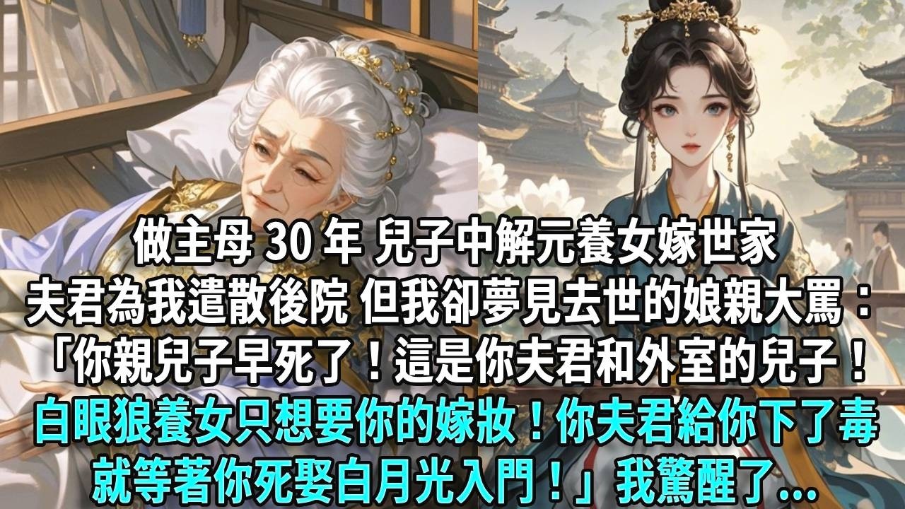 做主母 30 年，兒子中解元養女嫁世家，夫君為我遣散後院。但我卻夢見去世的娘親大罵：「你親兒子早死了！這是你夫君和外室的兒子！白眼狼養女只想要你的嫁妝！你夫君給你下了毒，就等著你死娶白月光入門！」