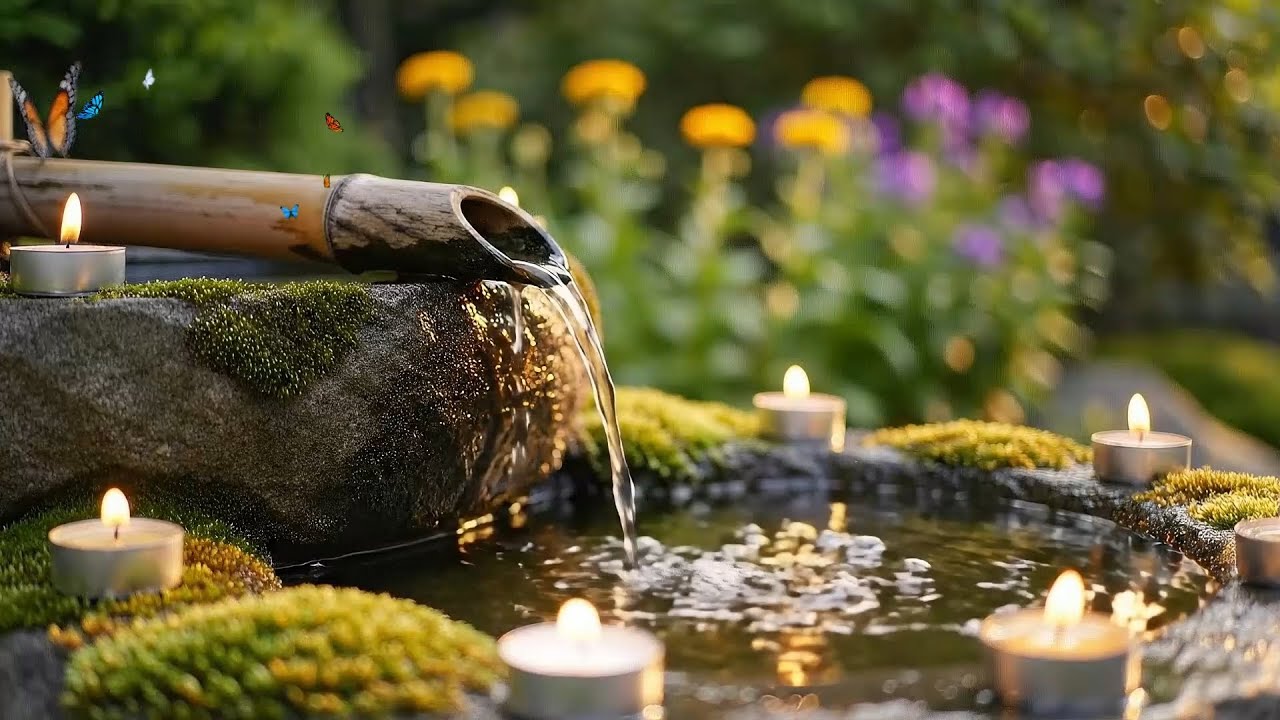 Relaxing Soft Piano with Bamboo Water Fountain & Candlelight Ambience for Deep Sleep Relief