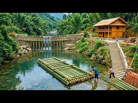 Vida De Construcción En El Bosque Verde: Construyendo Una Gran Balsa De Bambú Desde Cero